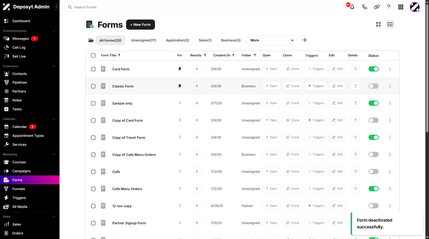 Step 3: Select a form, then toggle the switch on or off to enable or disable the selected form.