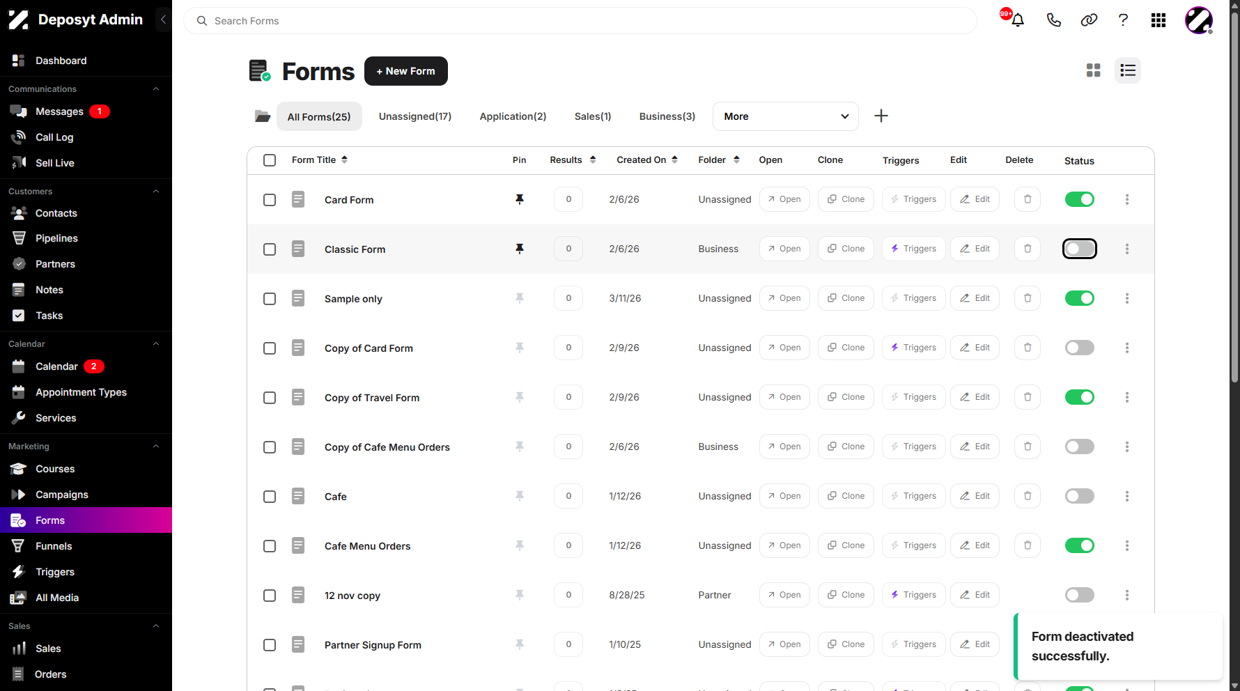 Step 3: Select a form, then toggle the switch on or off to enable or disable the selected form.