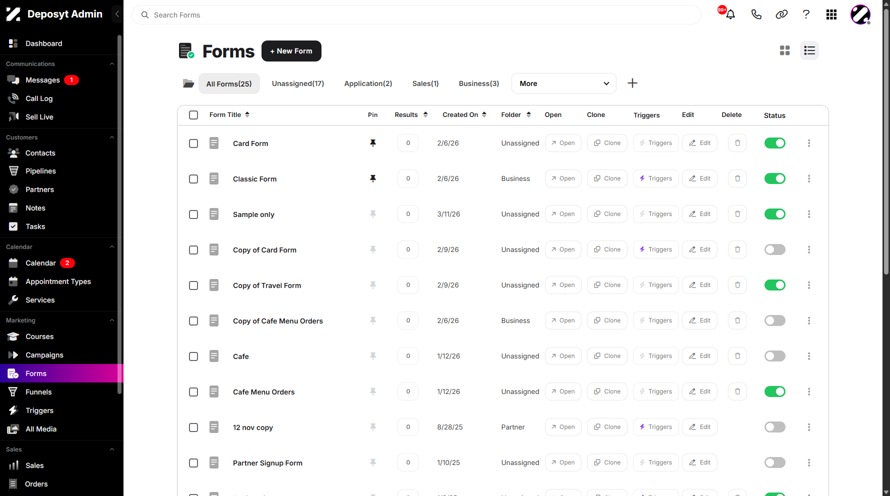 Step 1: On your Dashboard, navigate to the Forms tab under the Marketing section.