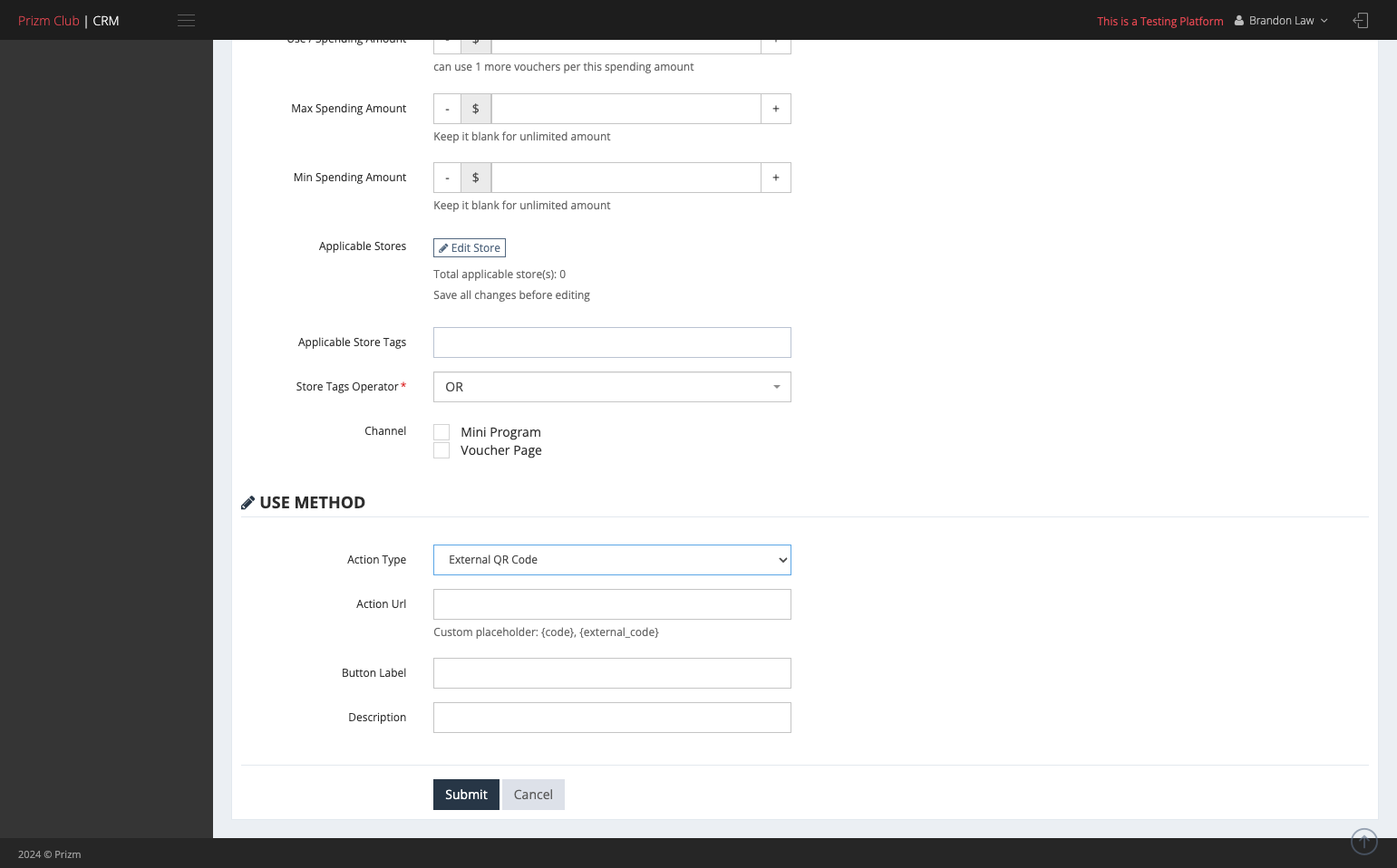 Select the Action Type, which will define the redemption type.