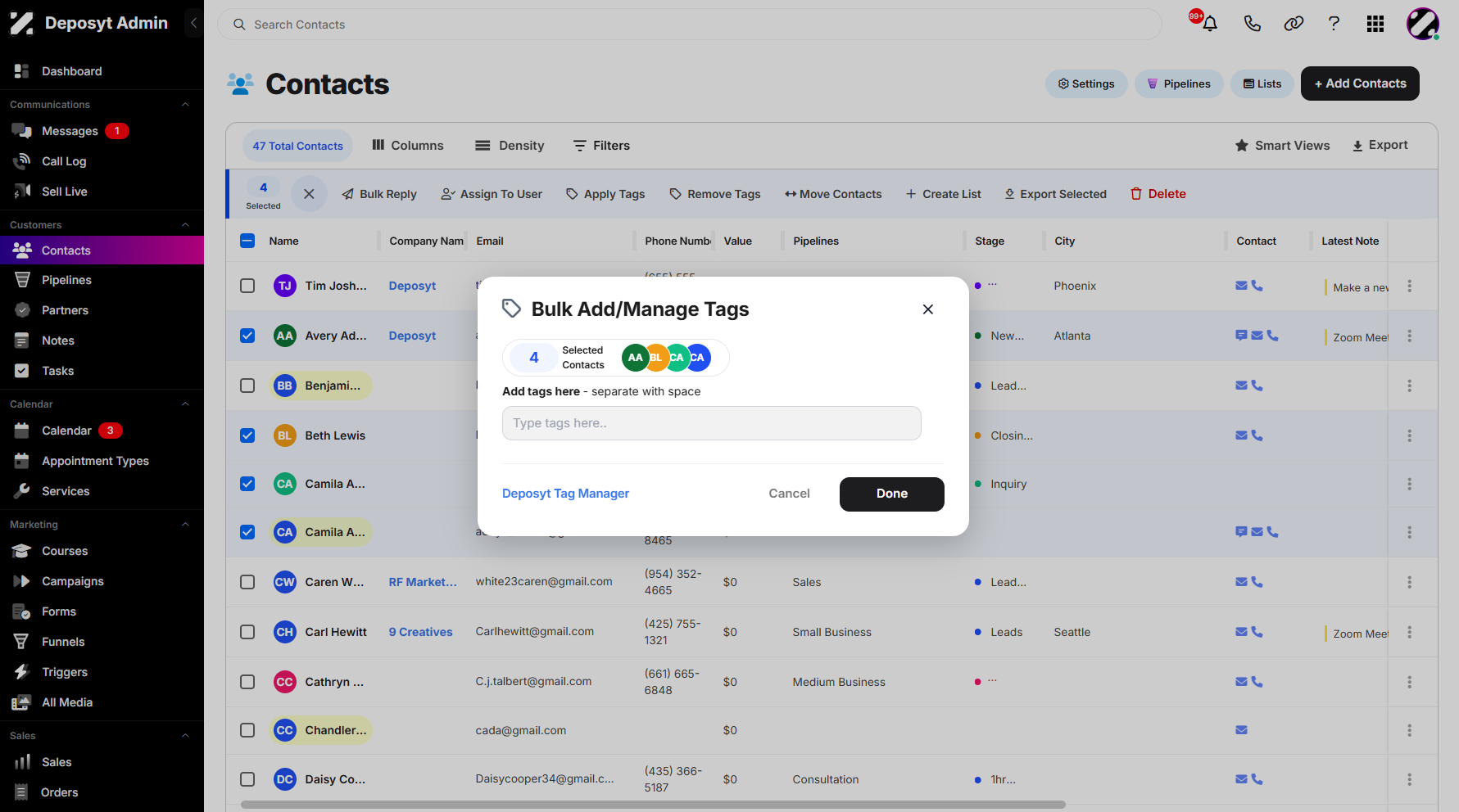 Step 6: A pop-up window will appear, allowing you to configure the action. From here, you can view the total number of selected contacts and manage your tags as needed.
