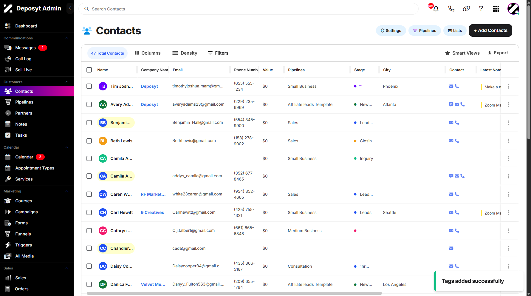 Step 10: A notification will appear confirming that your tags were successfully applied. Tags are labels or keywords you assign to contacts, deals, or records to help organize, categorize, and quickly find them later.