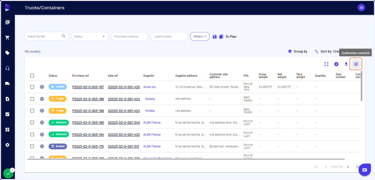 Click on the "Customize column"