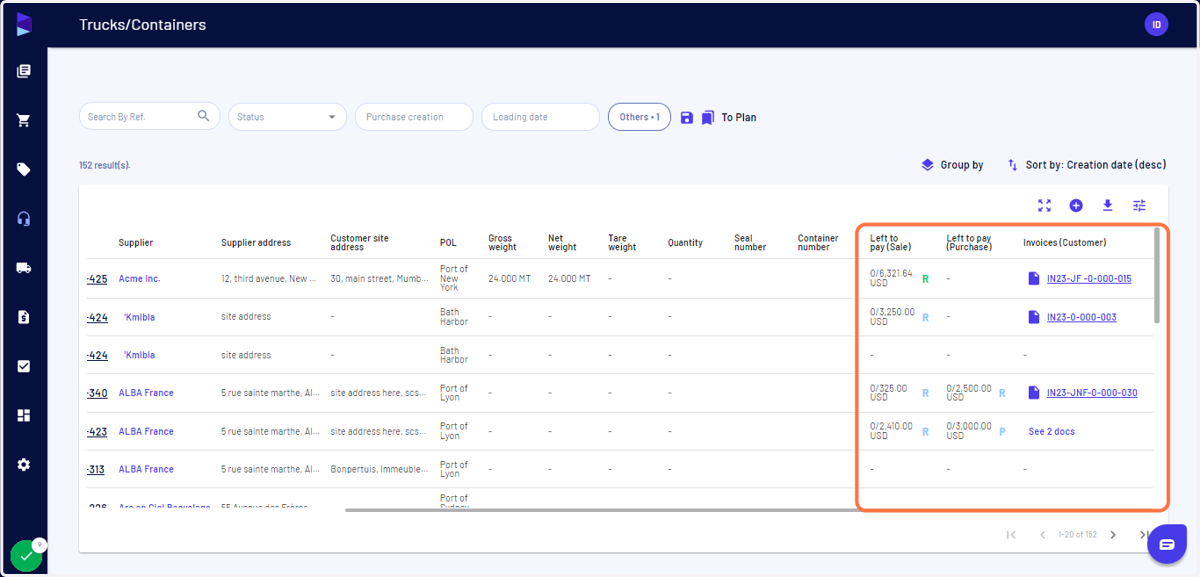 Scroll to the right to view the status of the container
