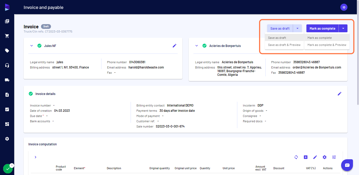 Check the other information for the invoice and once it's ready, click on "Mark as complete" to finalize it or on "Save as draft" if want to make further changes later on