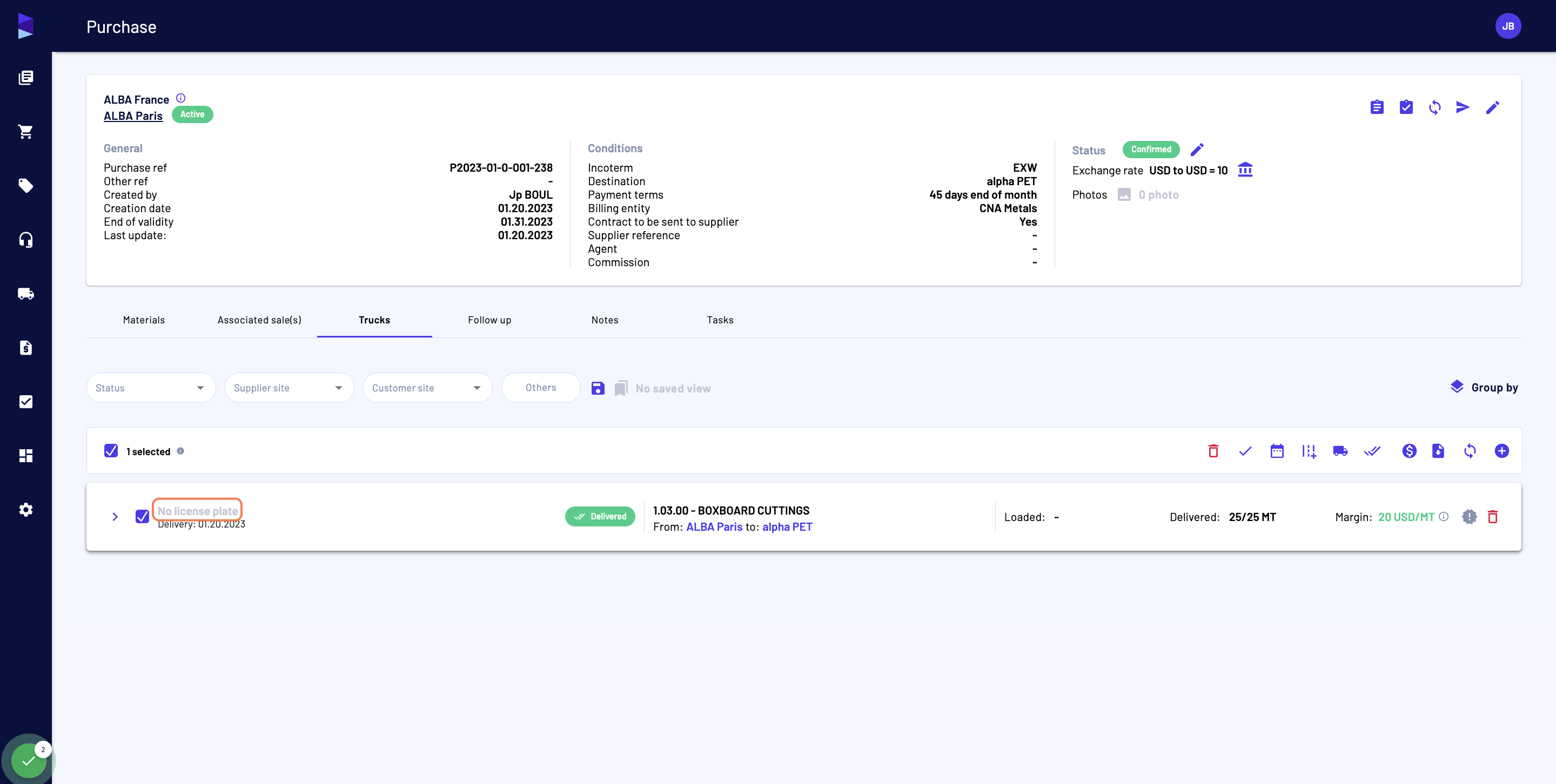 After having entered Loaded or Delivered information, select the container(s)