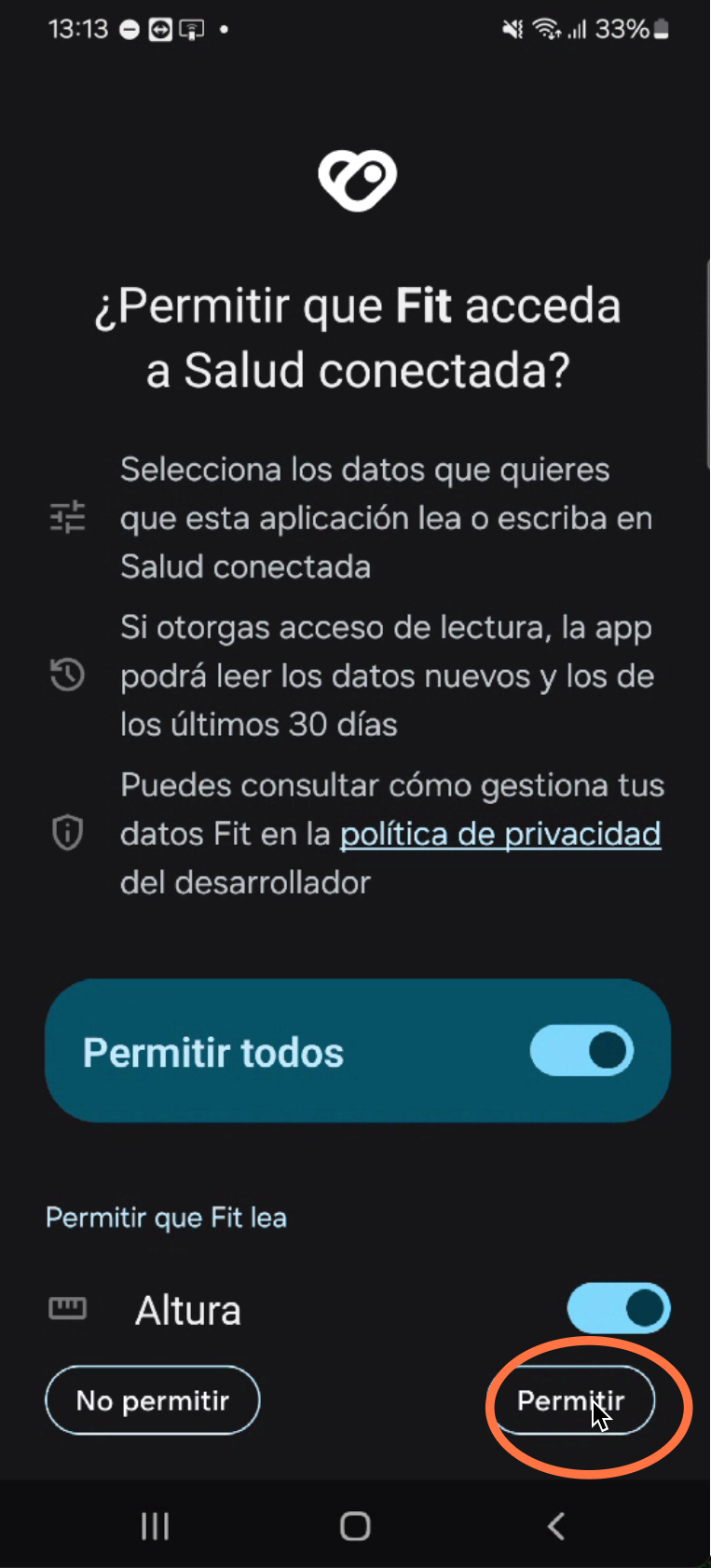 Pulsamos "Permitir" para finalizar la conexión de Google Fit con Health Connect