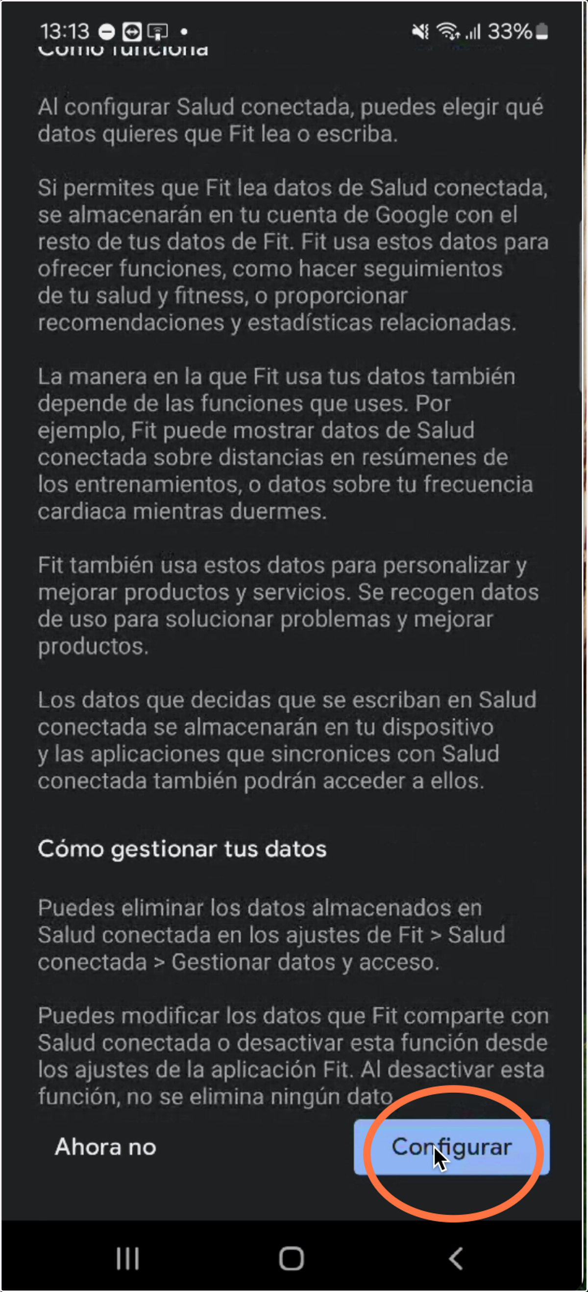 Pulsamos en "Configurar" para seleccionar los datos a sincronizar