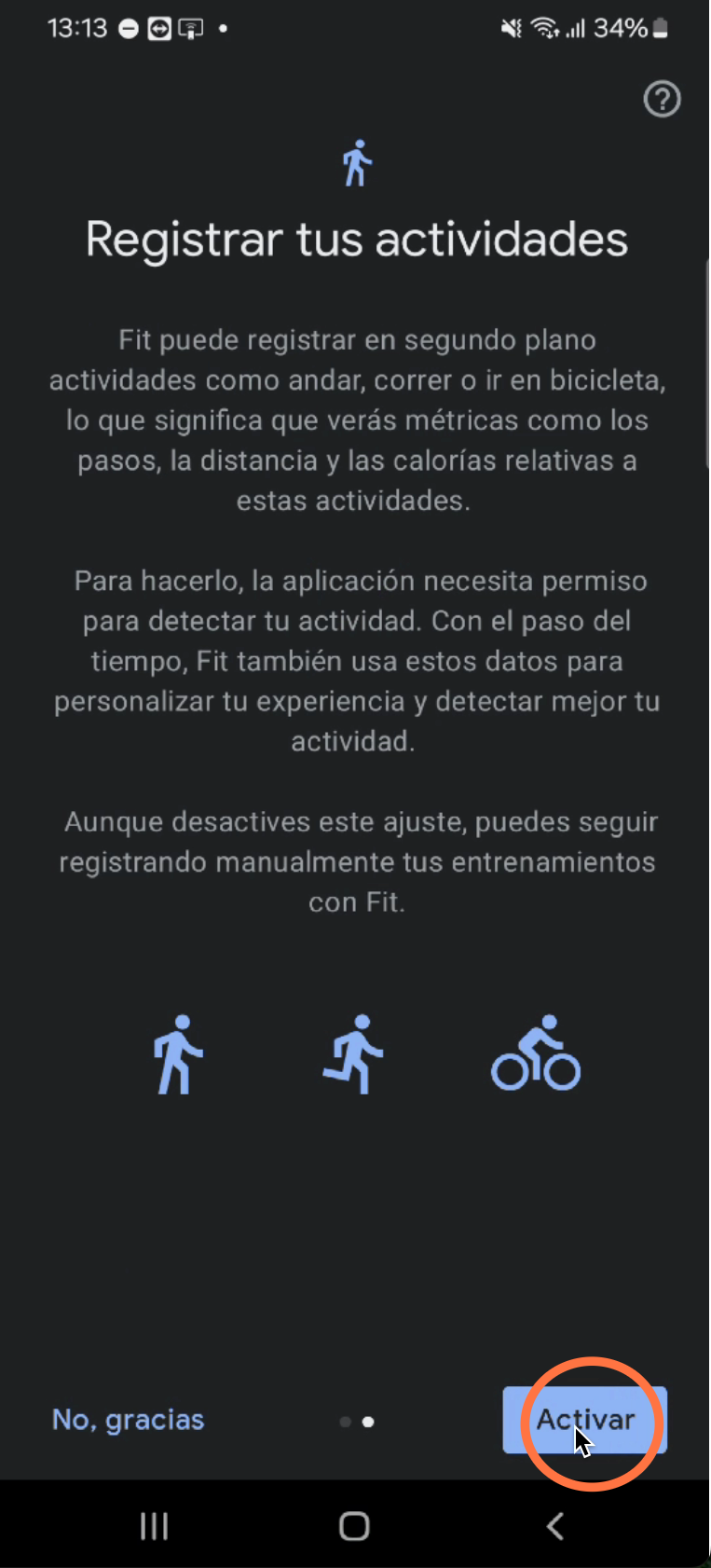 Activaremos el registro de actividades para que Google Fit pueda registrar los pasos.