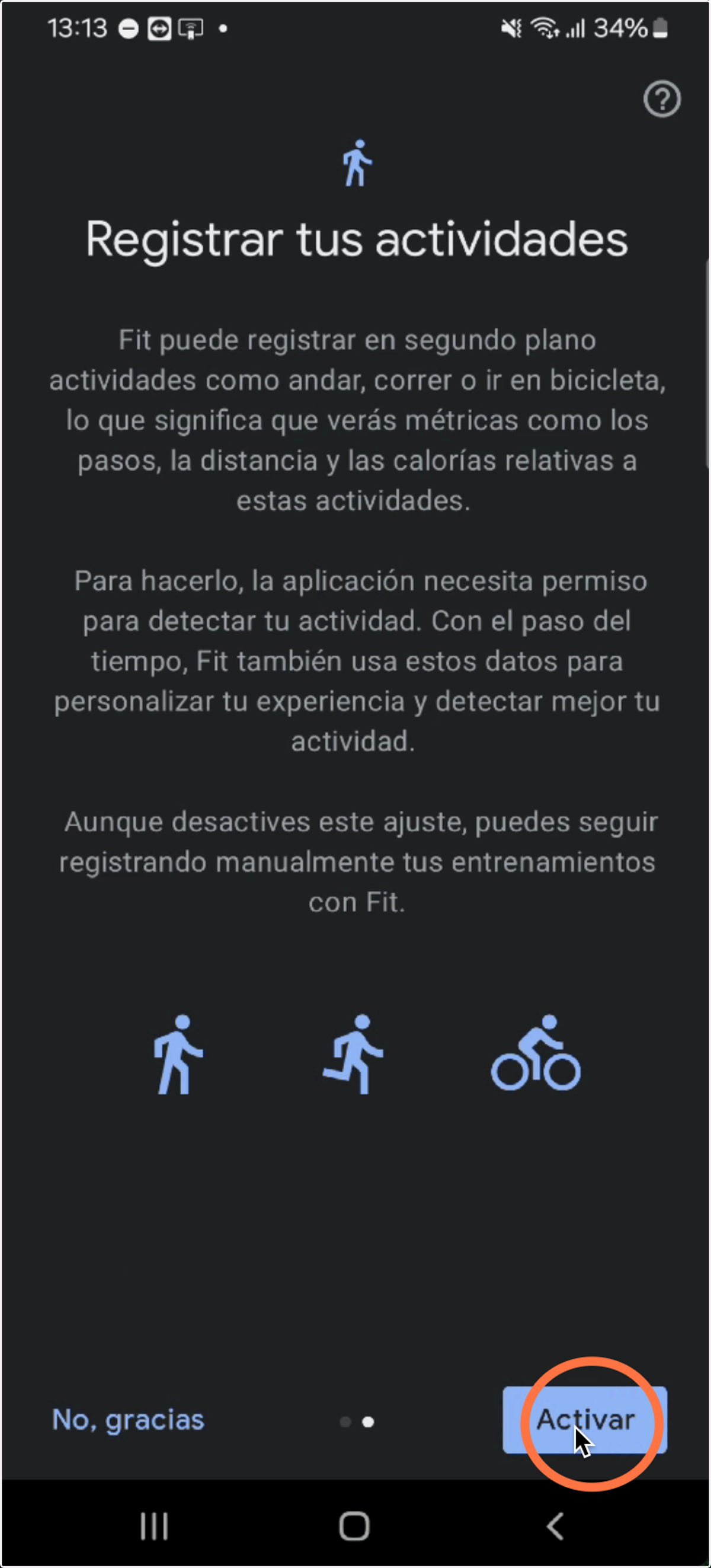 Activaremos el registro de actividades para que Google Fit pueda registrar los pasos.