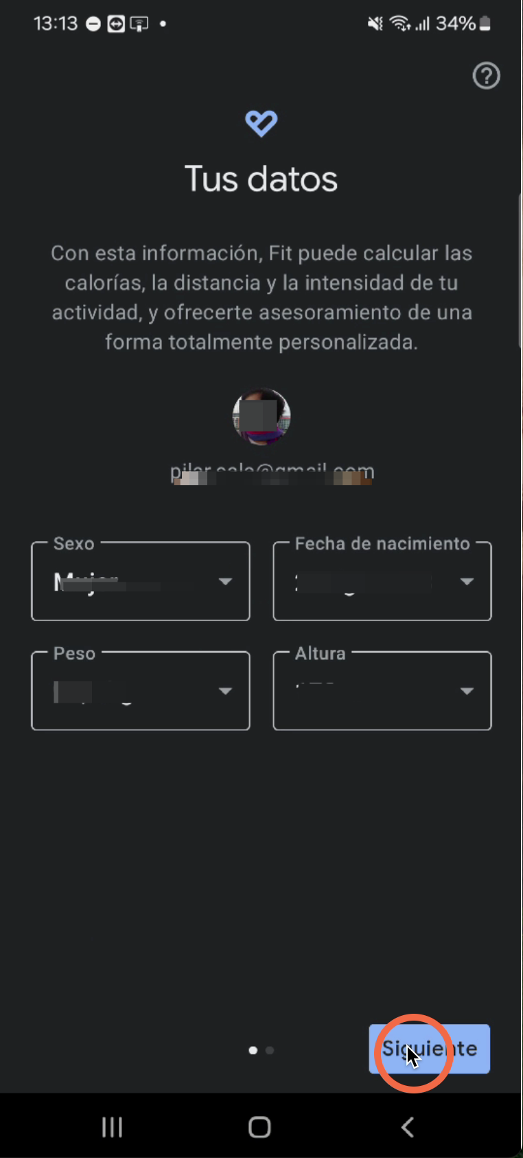 Puedes rellenar tus datos o dejarlos en blanco y pulsar en siguiente