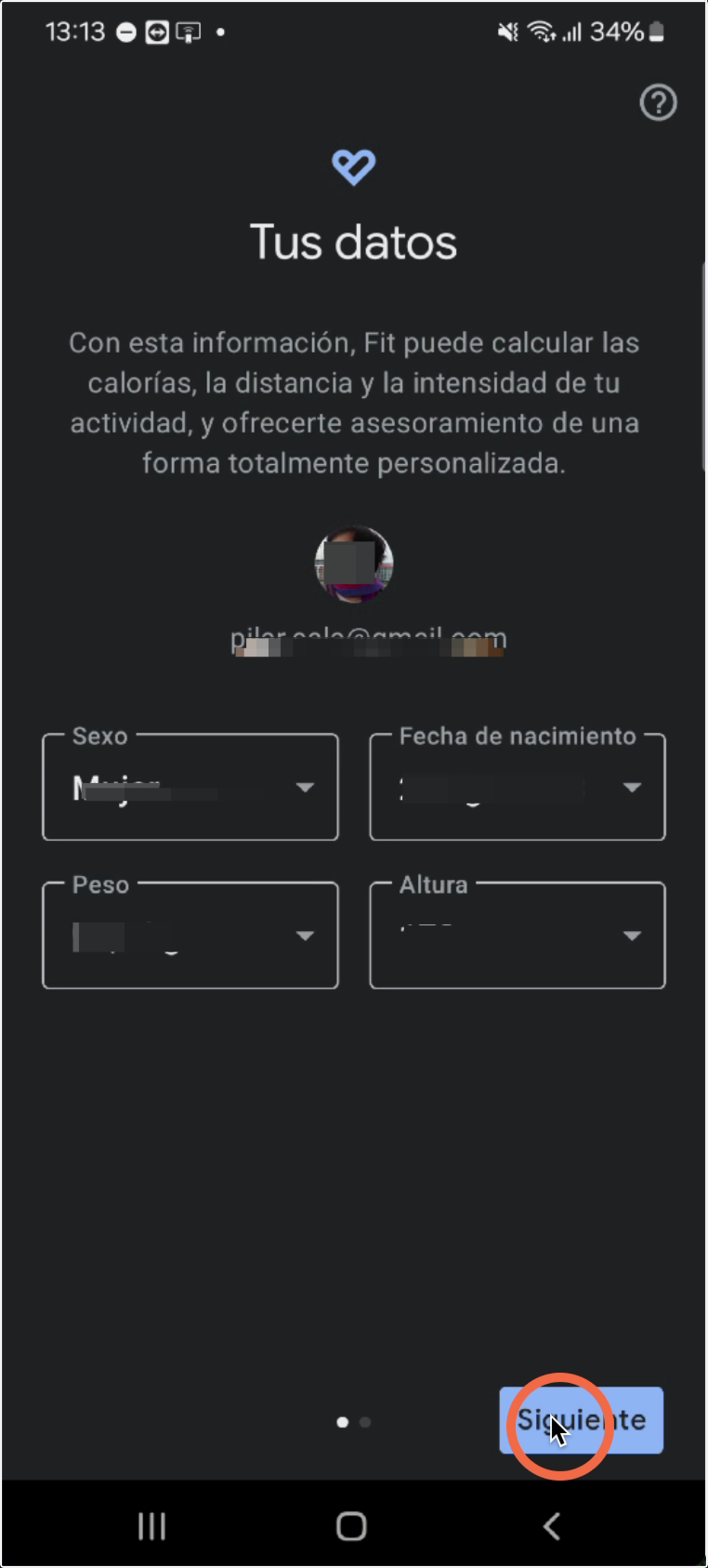 Puedes rellenar tus datos o dejarlos en blanco y pulsar en siguiente