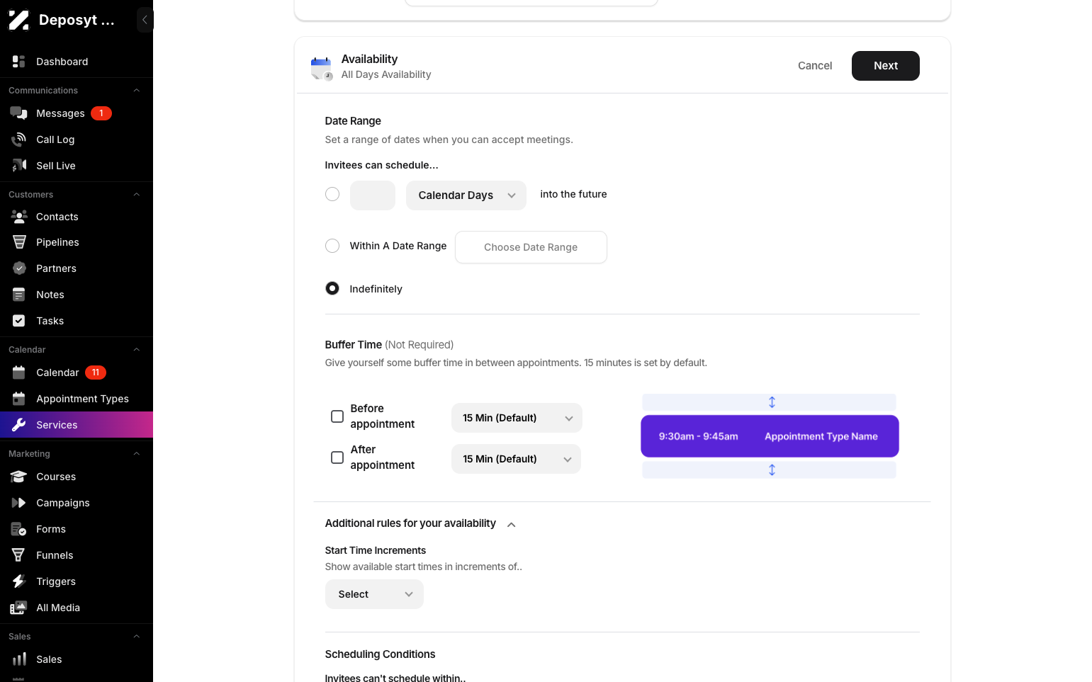 Step 4: Now you can customize your availability by setting a date range and setting a buffer time before or after the appointment. You can also add additional rules for your availability.