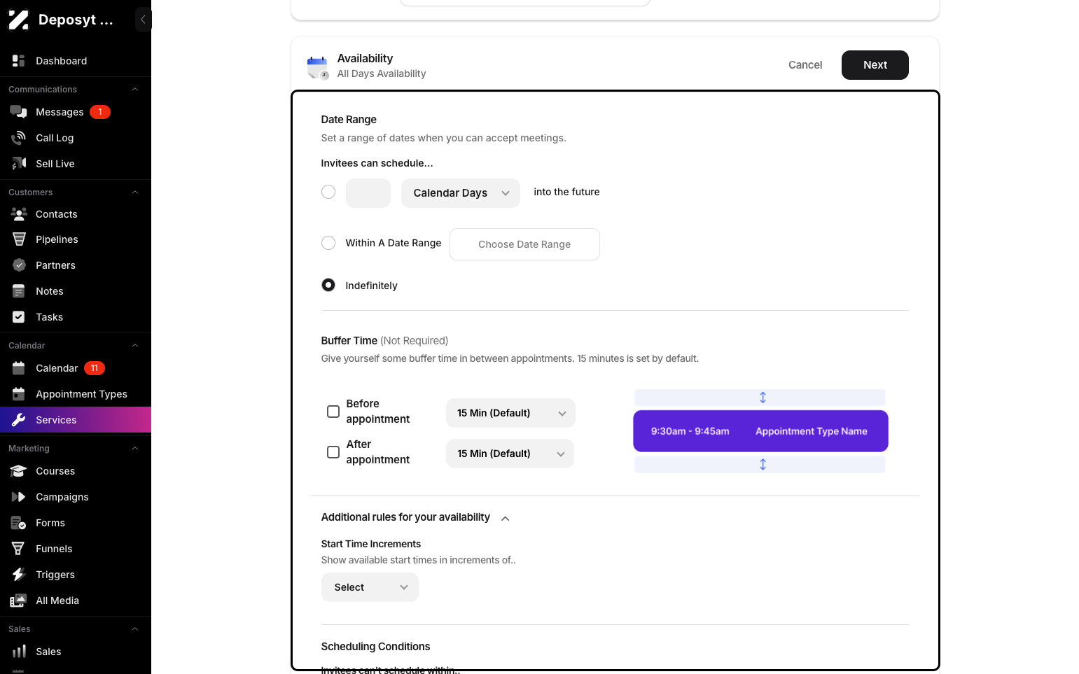 Step 4: Now you can customize your availability by setting a date range and setting a buffer time before or after the appointment. You can also add additional rules for your availability.