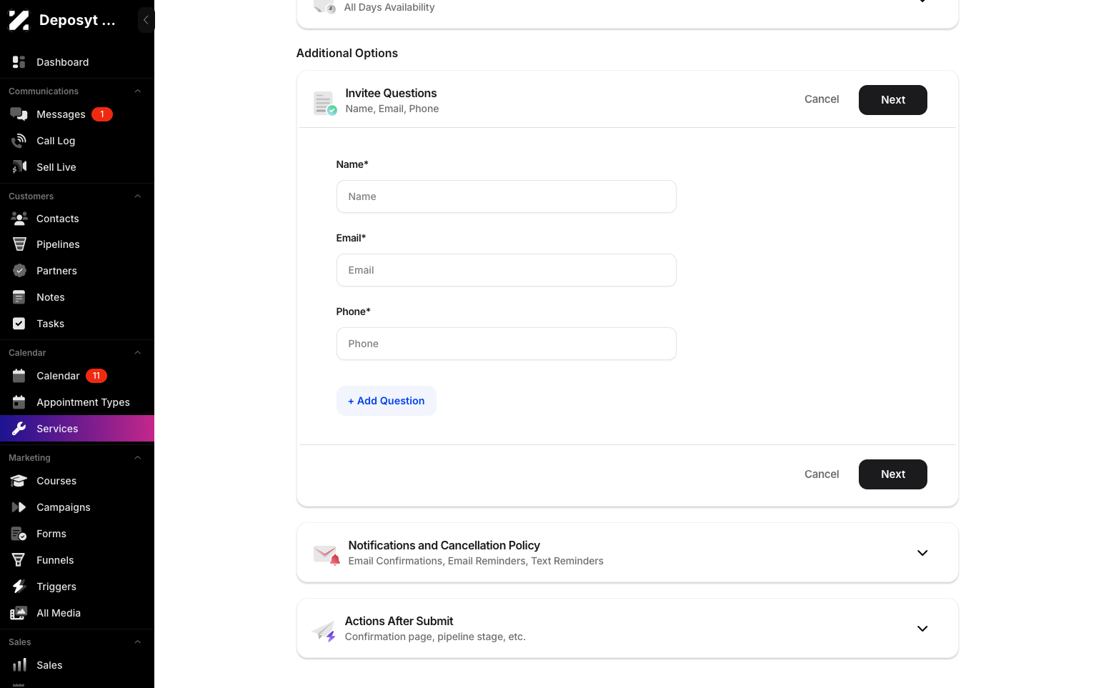 Step 5: There are additional options, such as Invitee Questions or adding your own custom questions. Click Next when you are done.