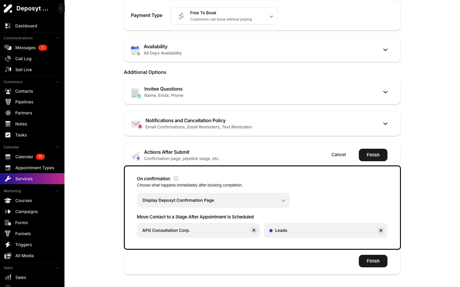 Step 7: Customize actions after submission by choosing what happens immediately after booking completion, such as display the Confirmation Page, you can also move contact to a stage after appointment is cheduled by selecting a pipeline and a stage.