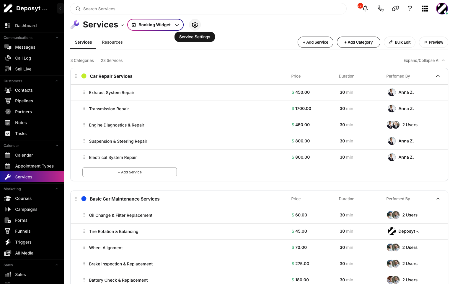 Step 2: Click on the Service Settings button.