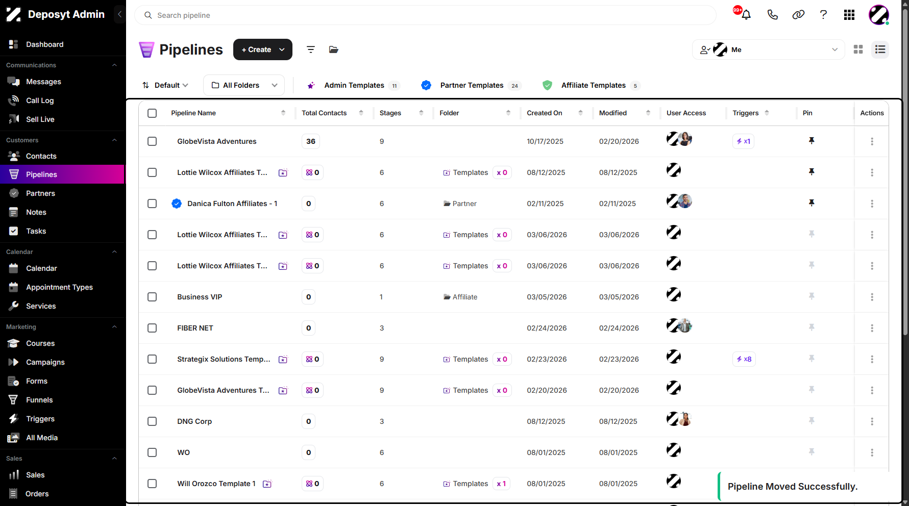 Step 12: A pop-up notification will appear, confirming your pipeline was moved successfully.