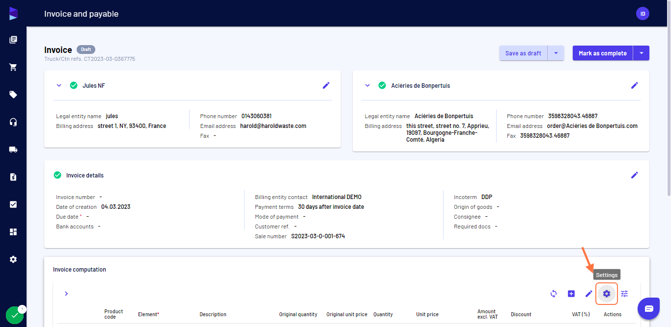 On "Invoice and Payable" page click on "Settings" to open the menu