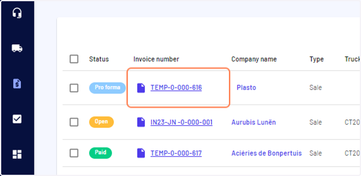 Once saved, you can click on the invoice number to download it