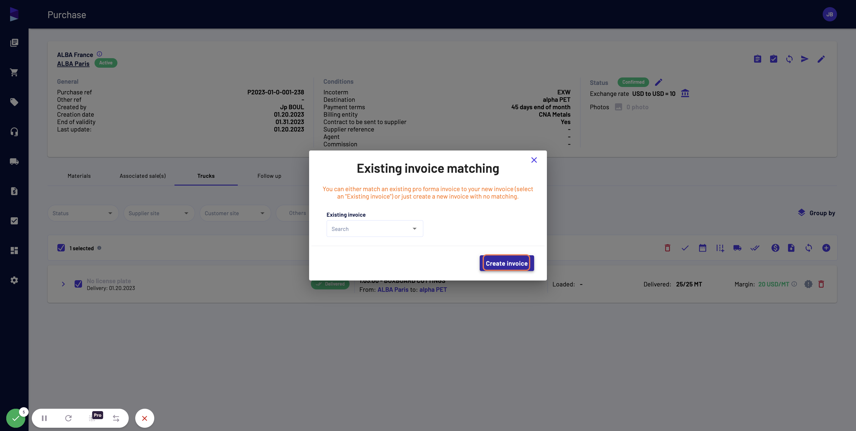 If there is no prior invoice you want to attach the new invoice to, then discard this step and click on "Create invoice"