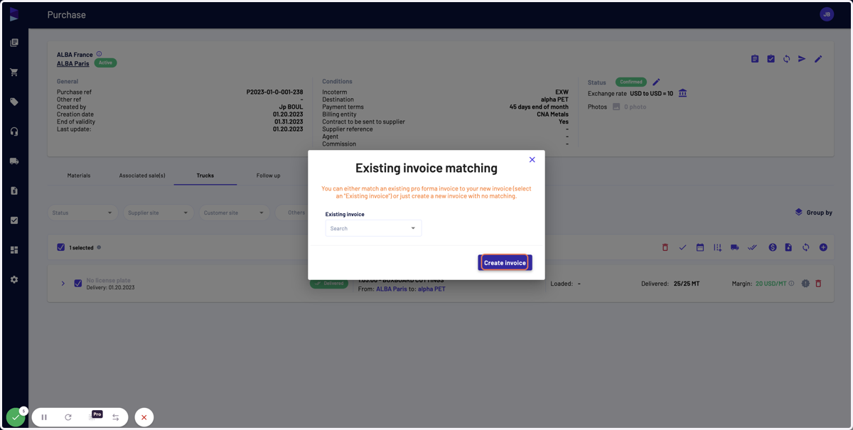 If there is no prior invoice you want to attach the new invoice to, then discard this step and click on "Create invoice"