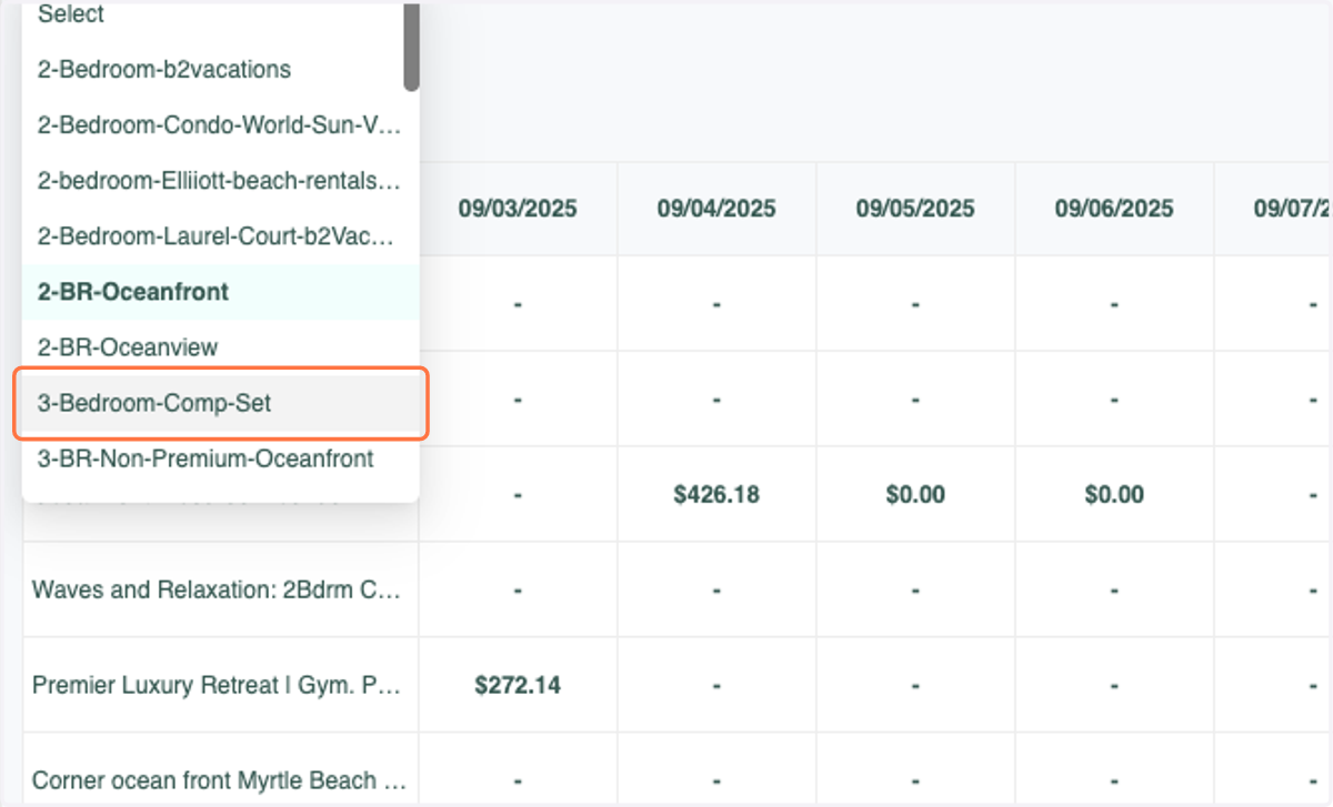 You can also switch to other Comp Sets by selecting a different one in the drop down box.