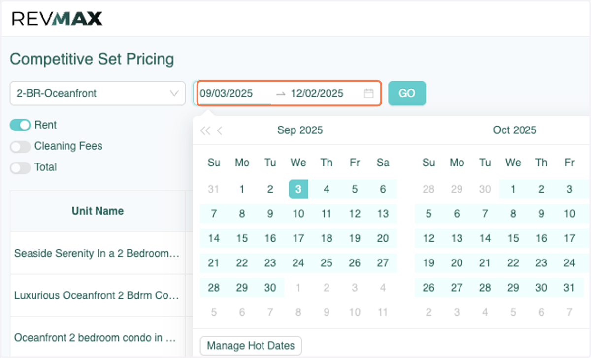 Select the dates that you'd like to view rates for.