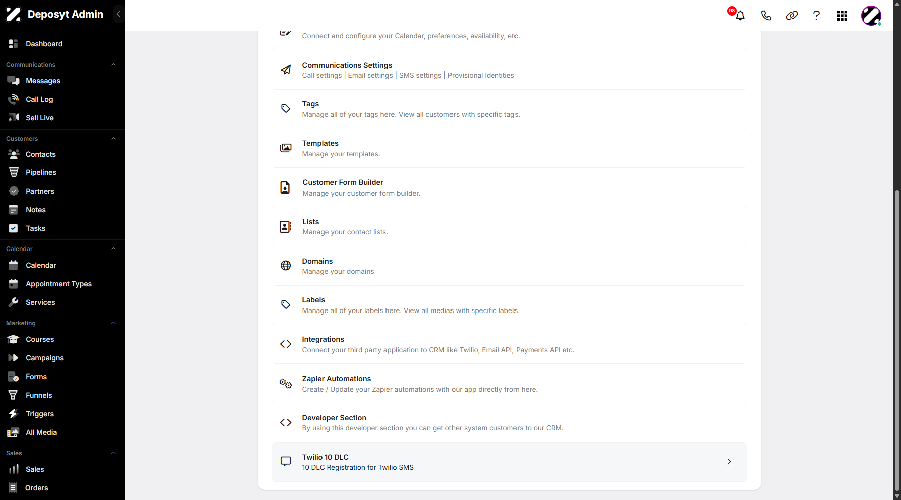 Step 3: You will then be taken to the Settings page. Scroll down and click on Twilio 10 DLC to continue.