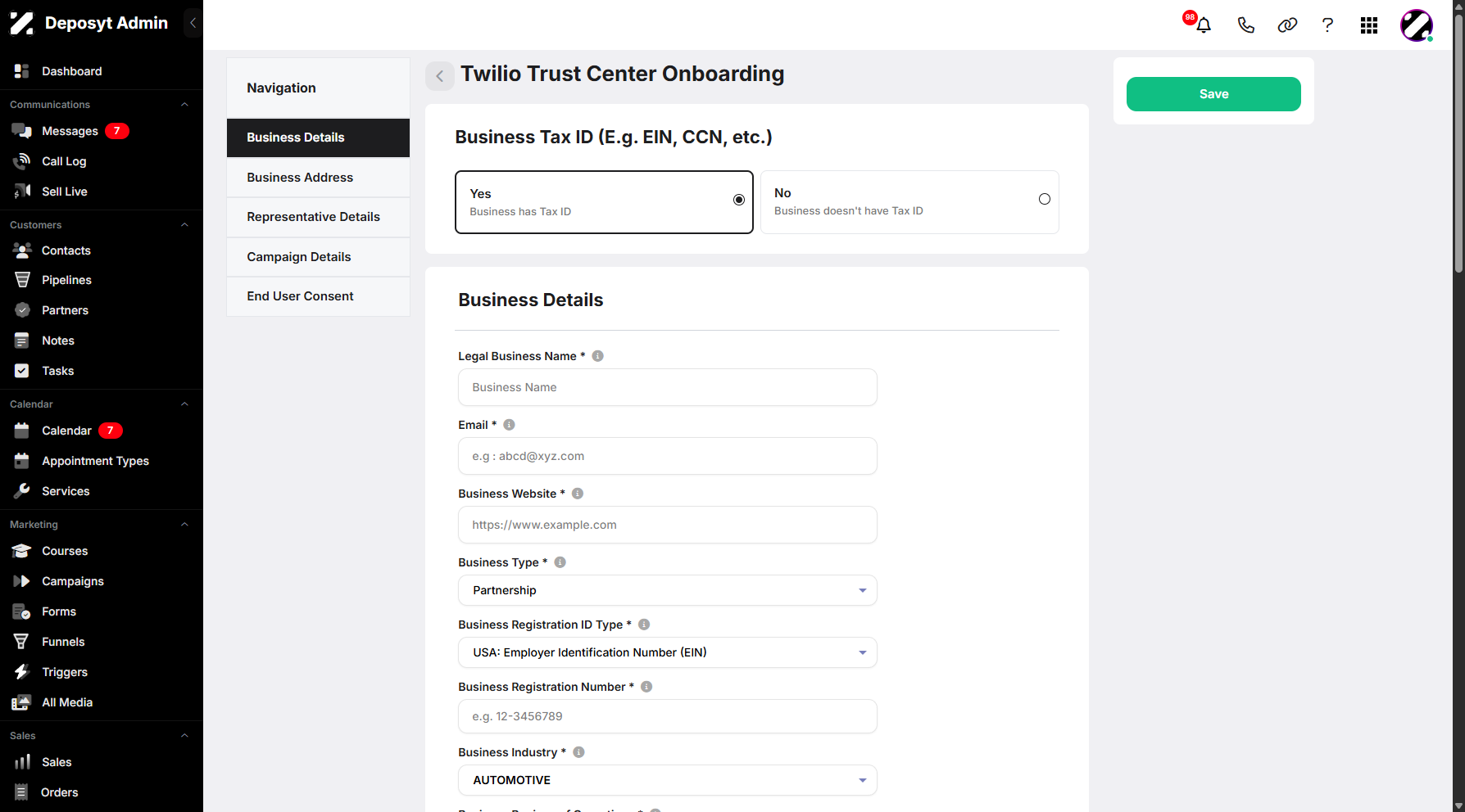 Step 6: Once selected, click on it, and you will be prompted to fill in all the fields. First is the Business Details section.