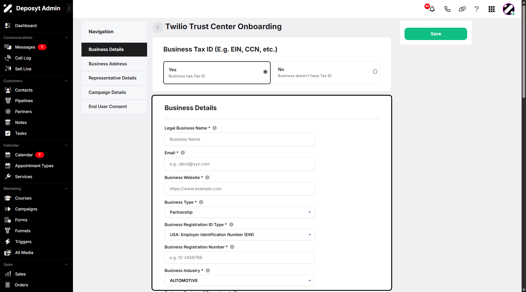 Step 6: Once selected, click on it, and you will be prompted to fill in all the fields. First is the Business Details section.