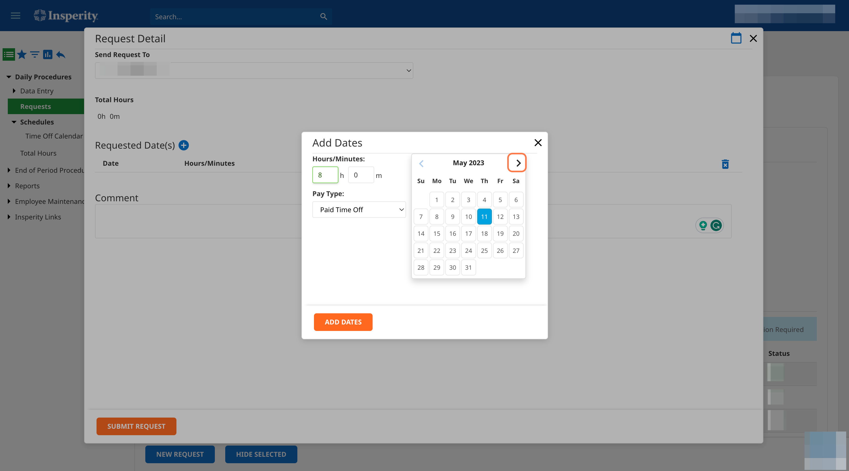 Navigate the calendar to find the month you'd like to request off