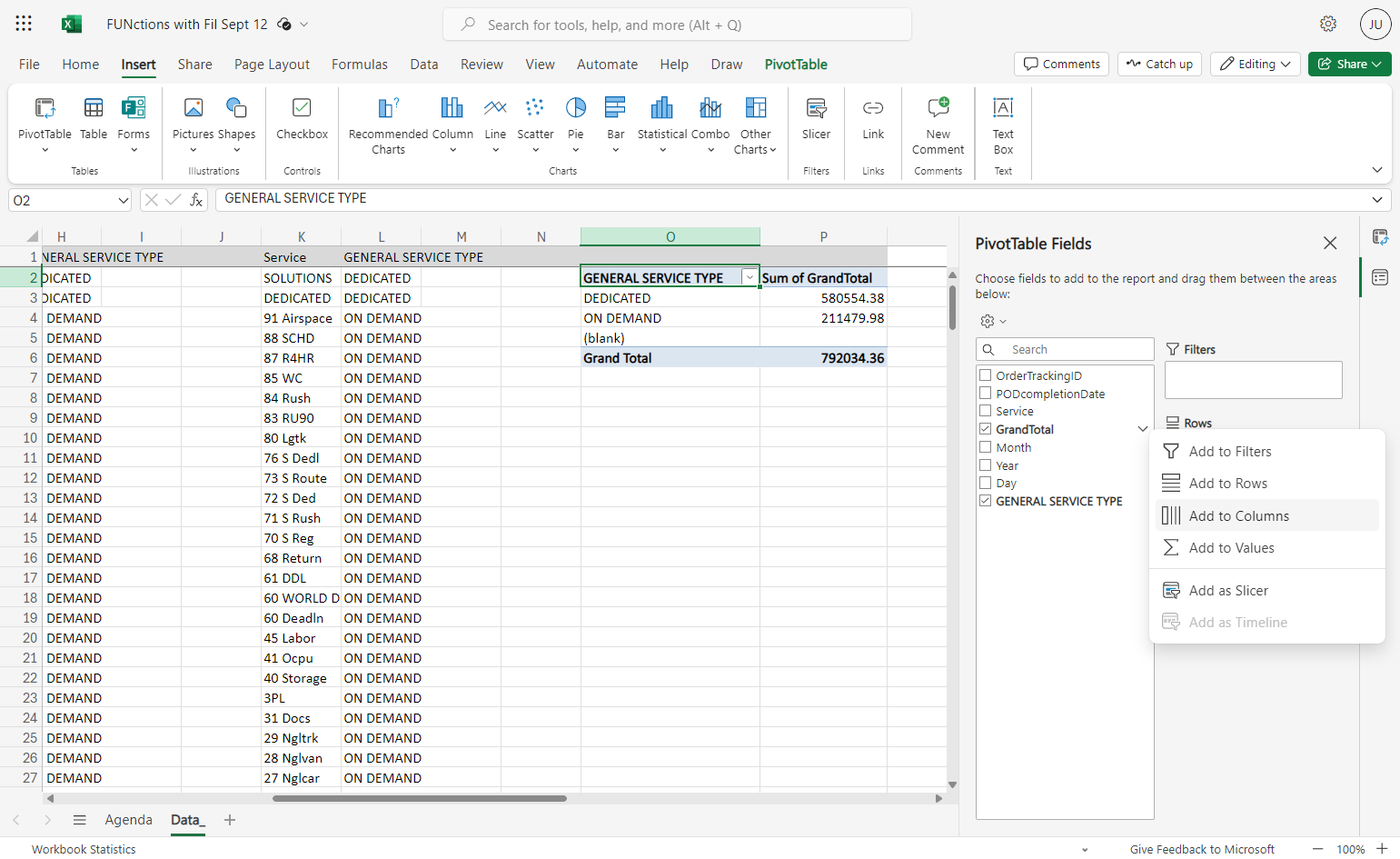 And indicating where you would like that data place in your pivot table.