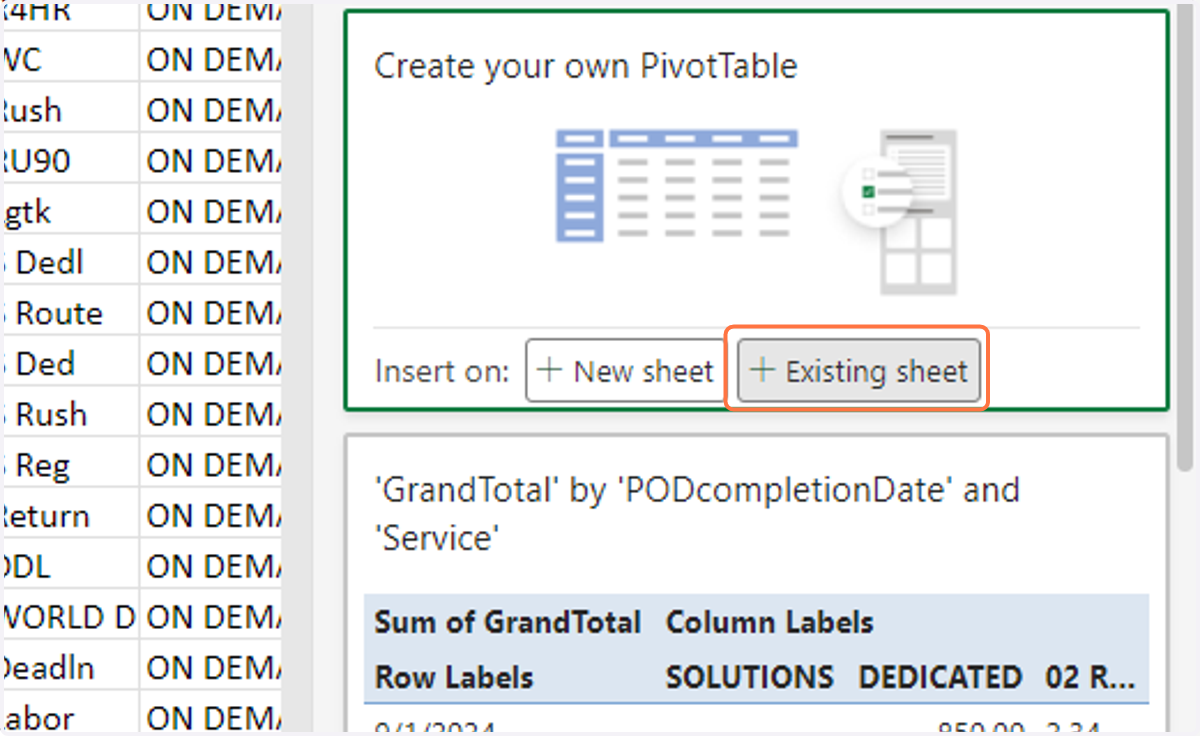 Click on Existing sheet or New Sheet if you'd like your pivot table to show on a new sheet.