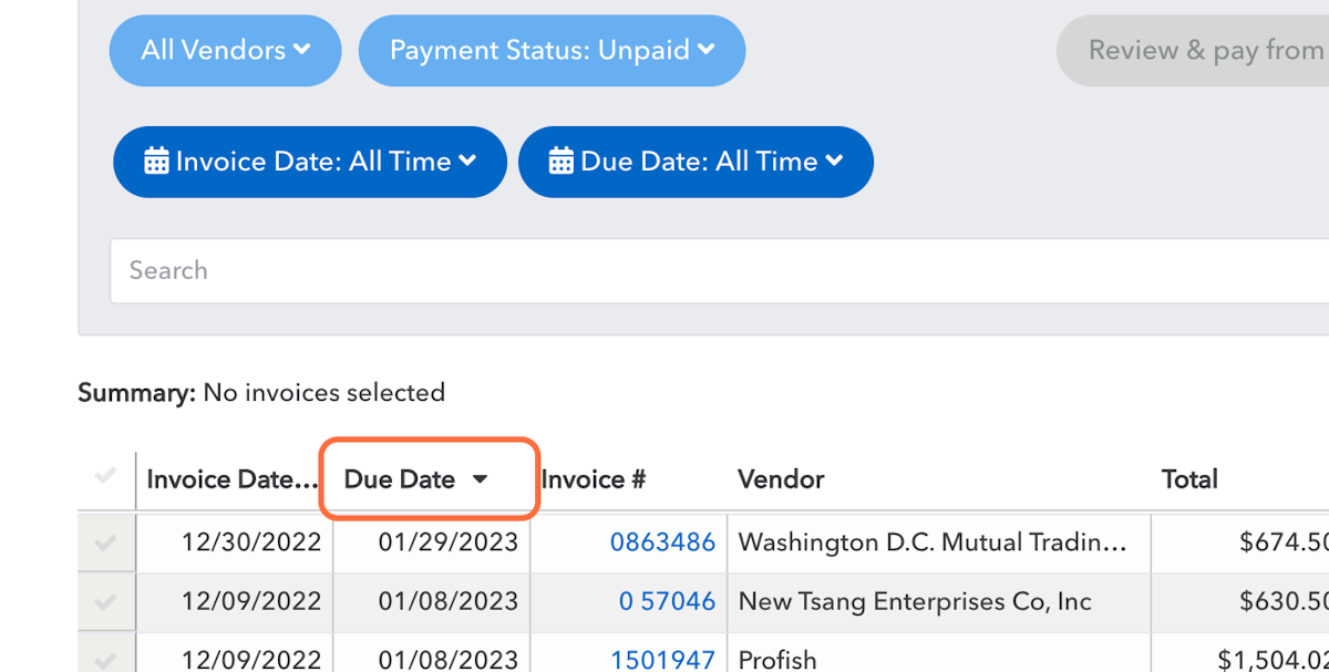 You have lots of options for viewing your invoices. You can adjust the filters using the drop down buttons and you can also enter key words into the search bar.
Clicking on the column headers, as shown, will sort them accordingly, ascending order and then descending order if you 