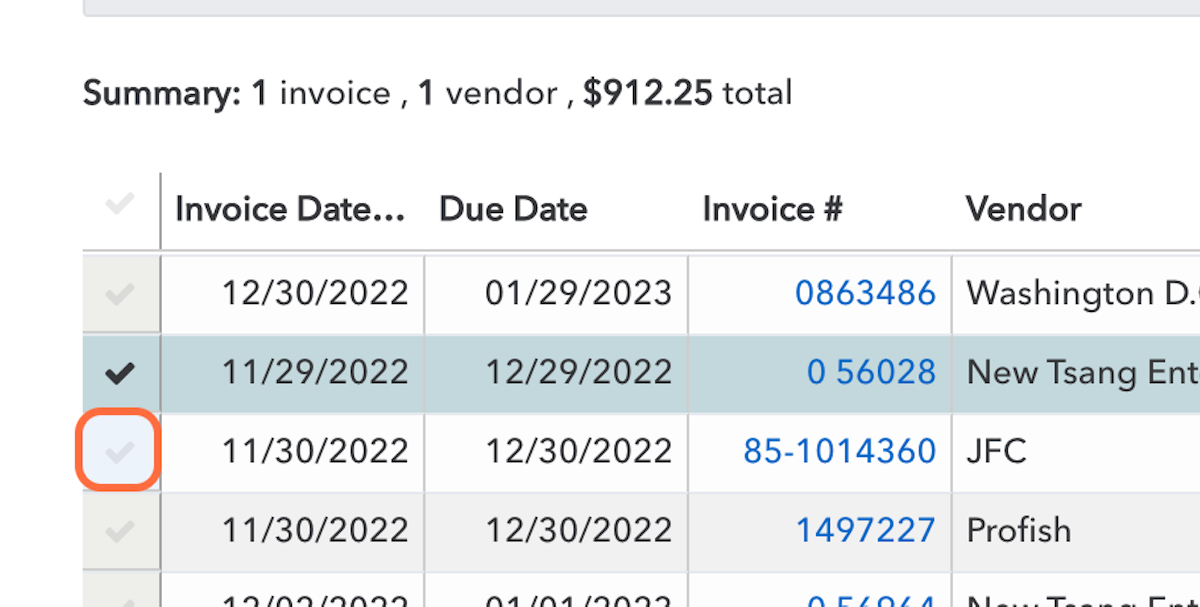 Select as many invoices as you want to schedule. The Summary will update live to show you the total payment value. You can also click the checkmark up top to select all invoices displayed