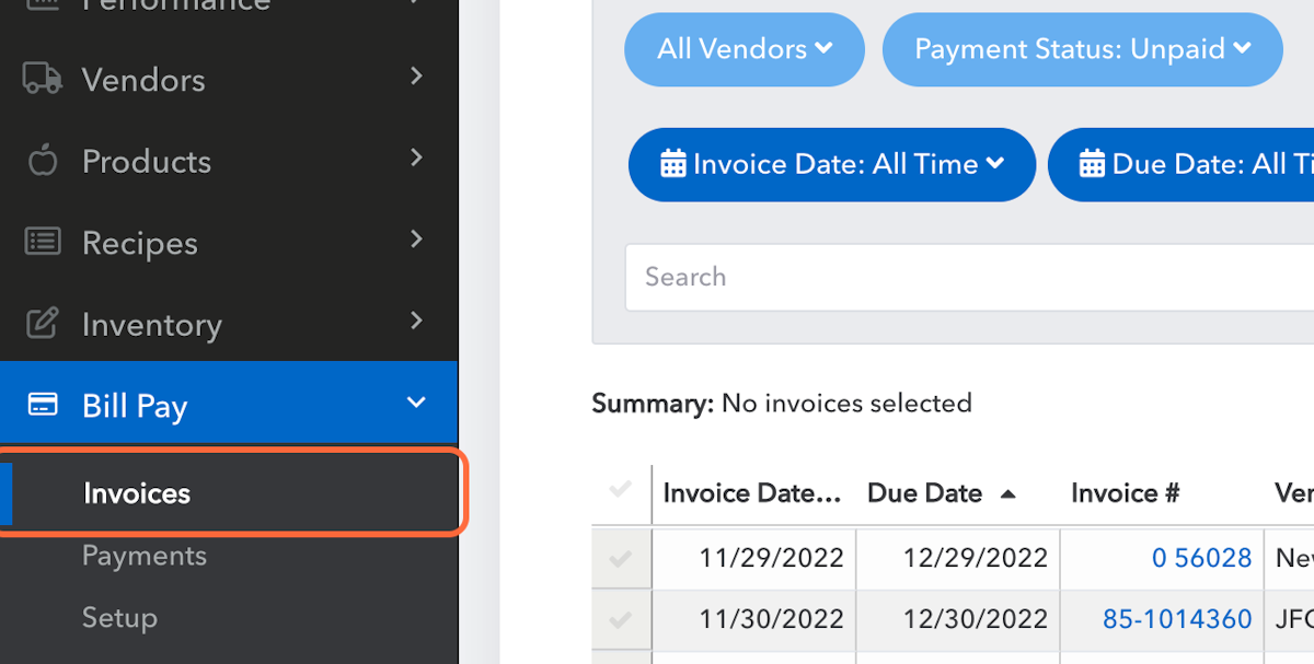 Click on Bill Pay > Invoices