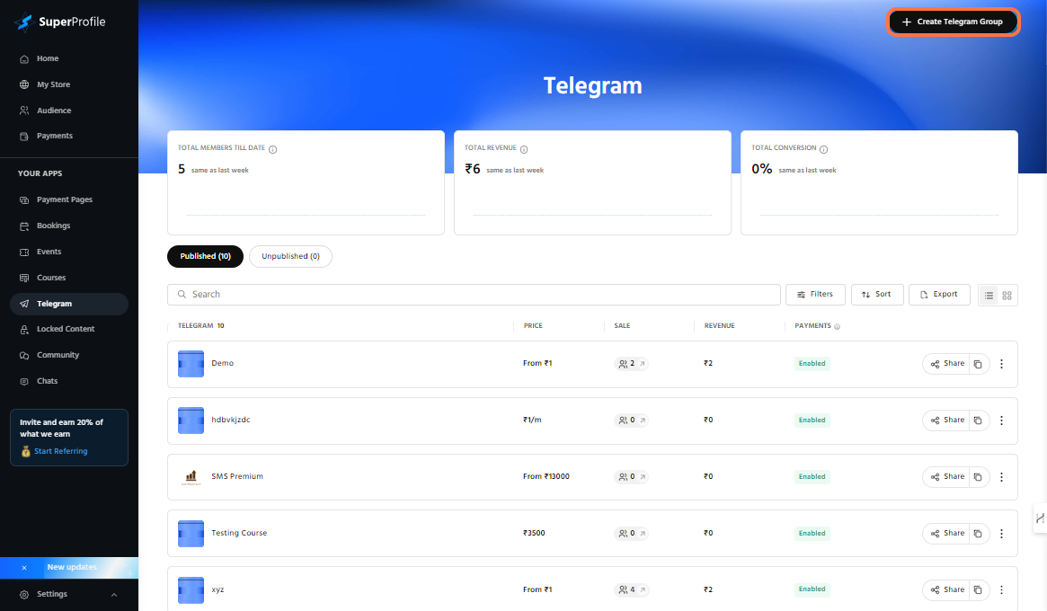 Click on Create Telegram Group