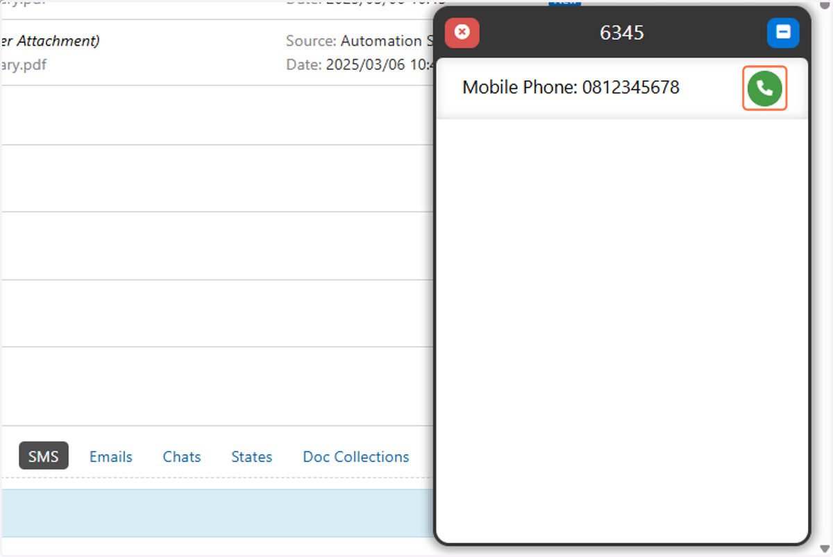 This will open up the phone interface in the bottom right corner. Click on the green call button to start the call.