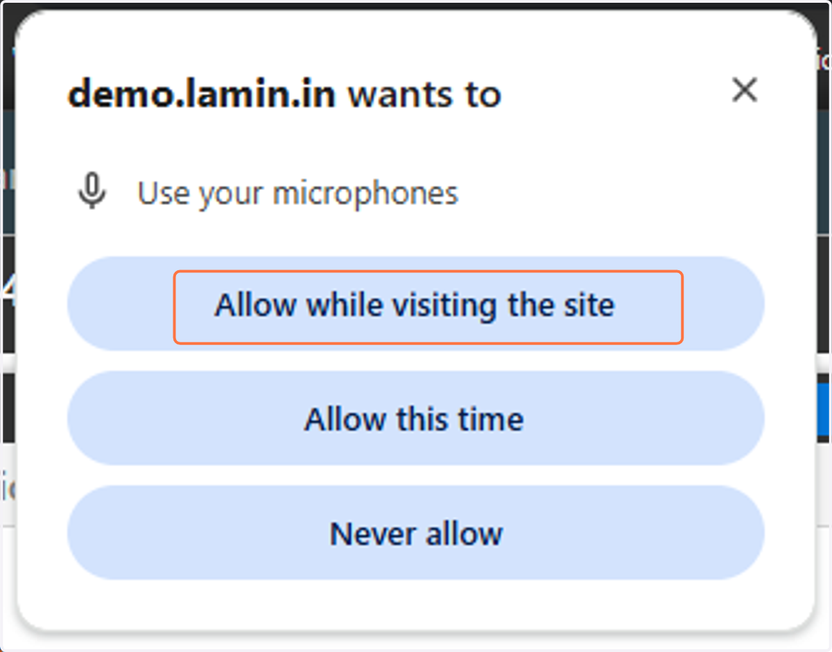 The first time a call is made you will need to allow Laminin access to use your microphone. Click on "Allow while visiting the site".