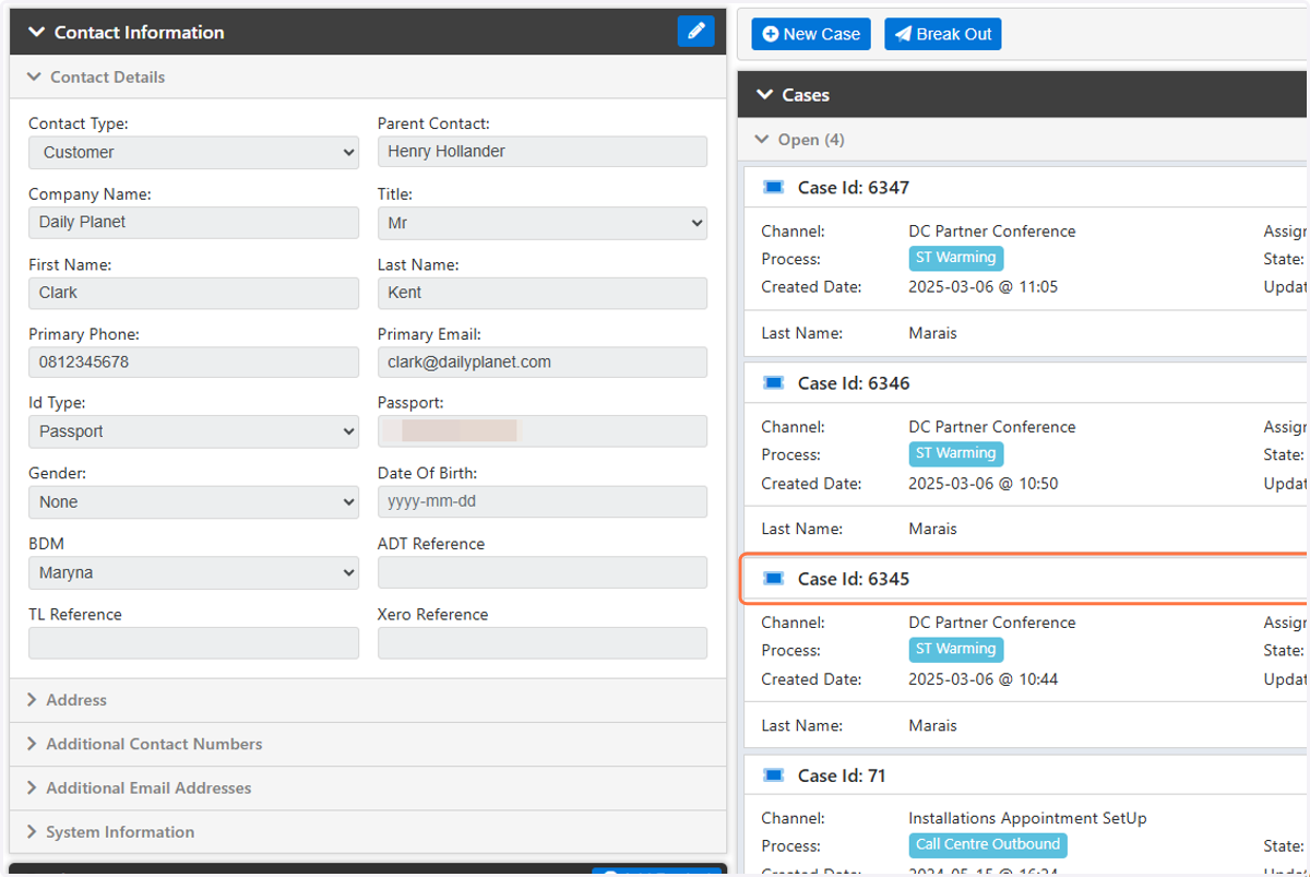 You can click on an existing Case if you want to contact the customer about this specific Case. Alternatively you can create a new Case.