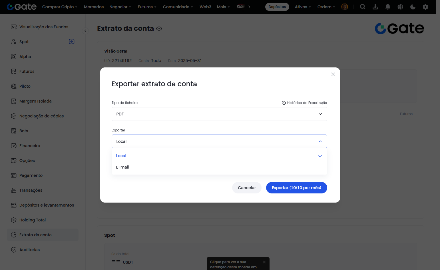 Clique em Exportar e escolha a opção Local ou E-mail