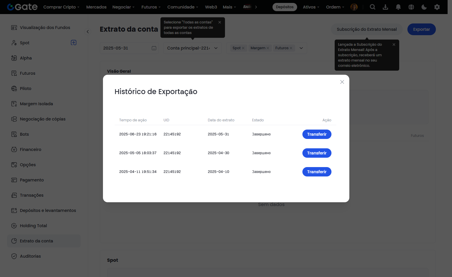 Se você escolheu a opção de download local, aguarde a finalização da exportação e baixe o arquivo em seu dispositivo