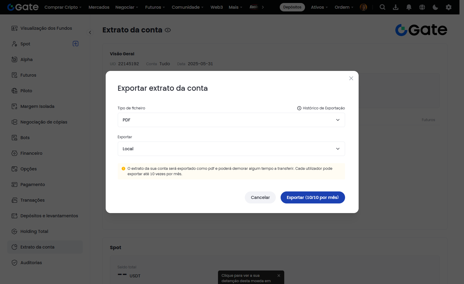 Clique em Exportar, logo abaixo