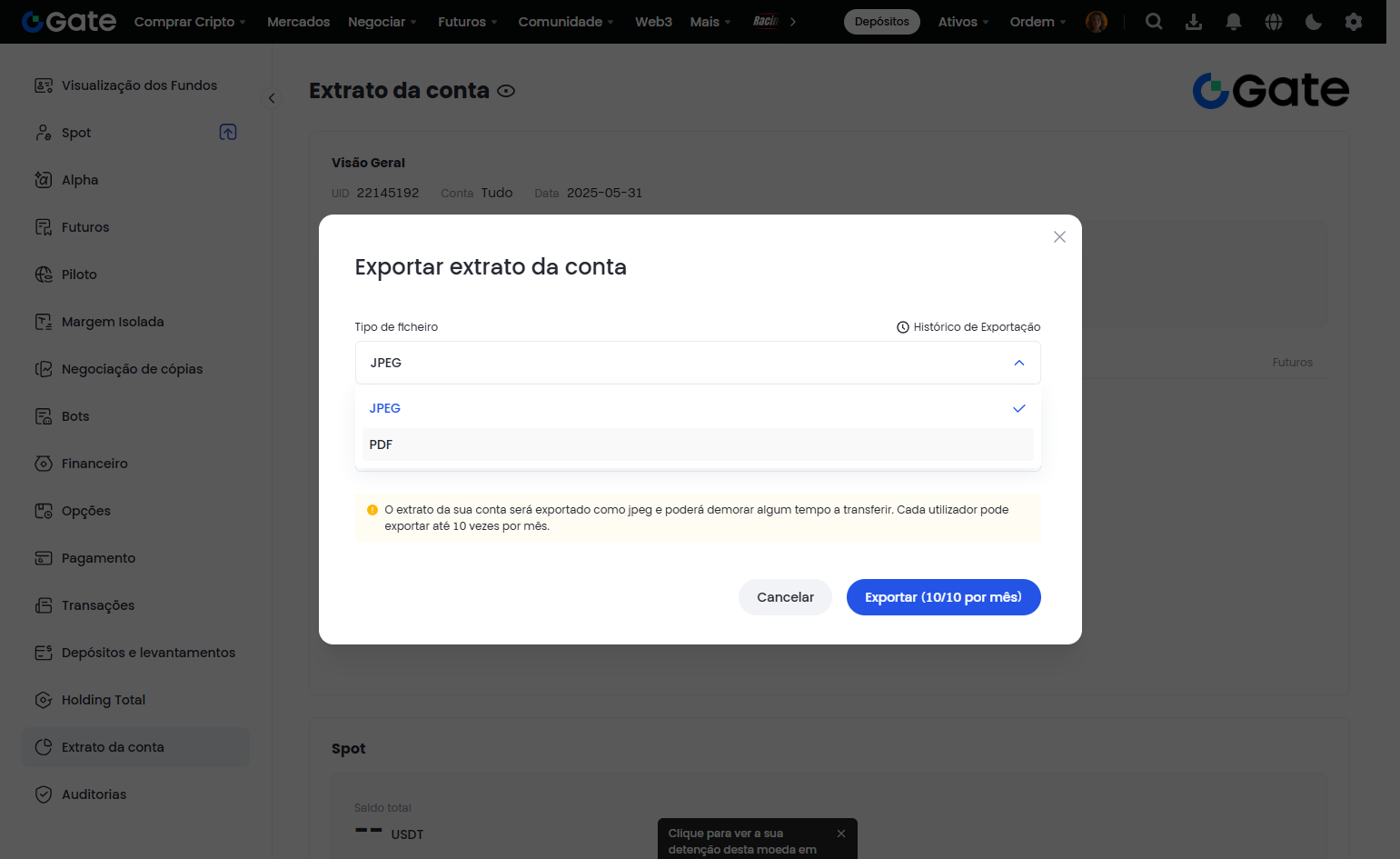 Clique em Tipo de arquivo e escolha a opção PDF