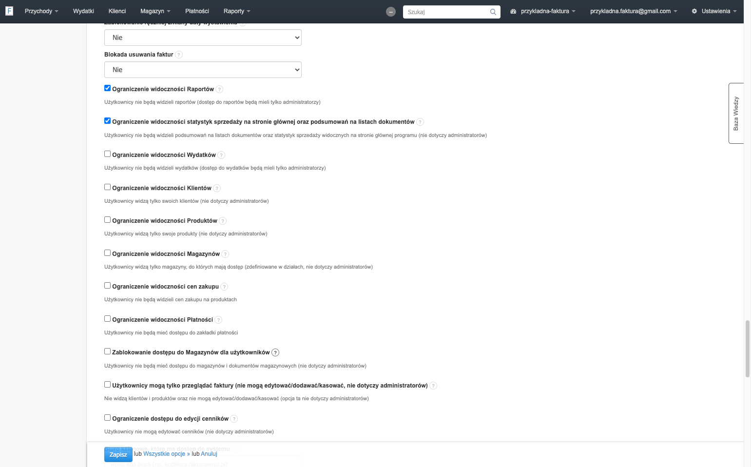 lub zaznaczając checkbox przy określonych funkcjach