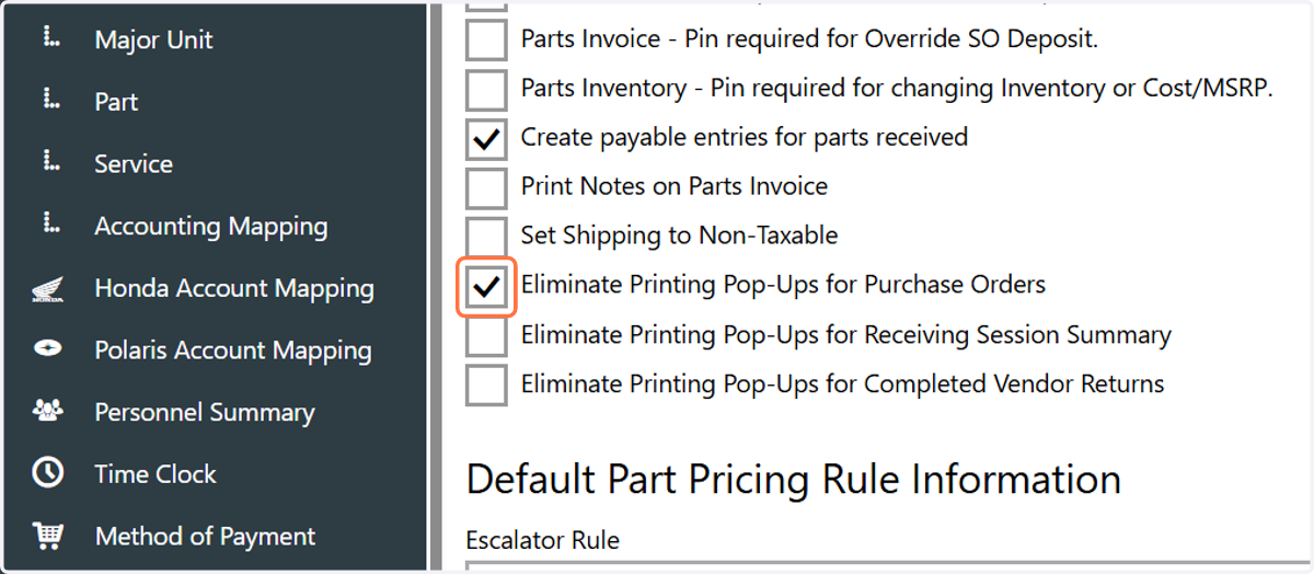 Check Eliminate Printing Pop-Ups for Purchase Orders