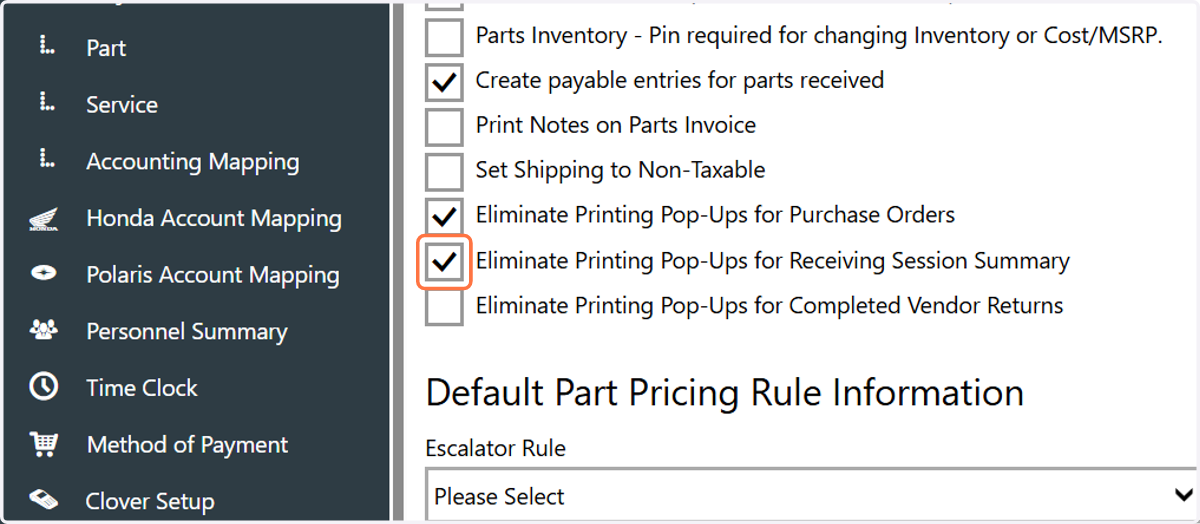 Check Eliminate Printing Pop-Ups for Receiving Session Summary