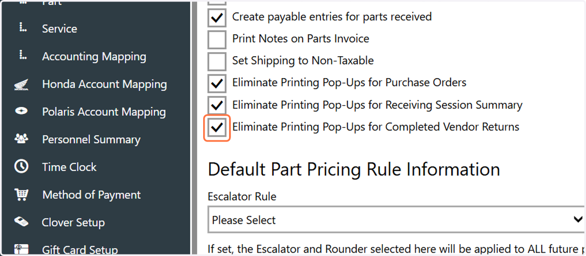 Check Eliminate Printing Pop-Ups for Completed Vendor Returns