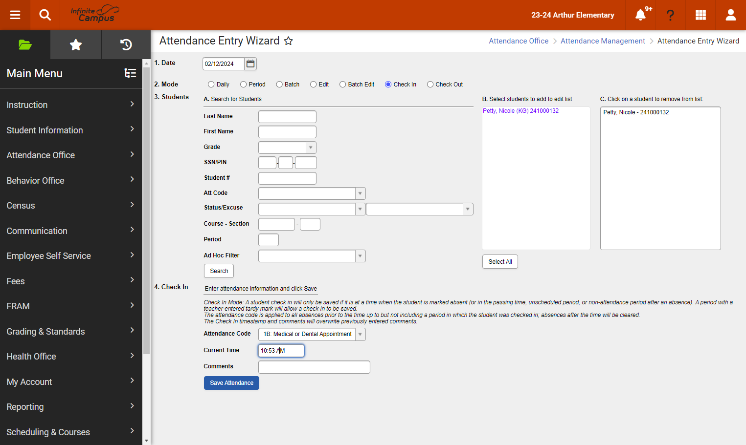 Modify the Current Time to reflect the time of student arrival.